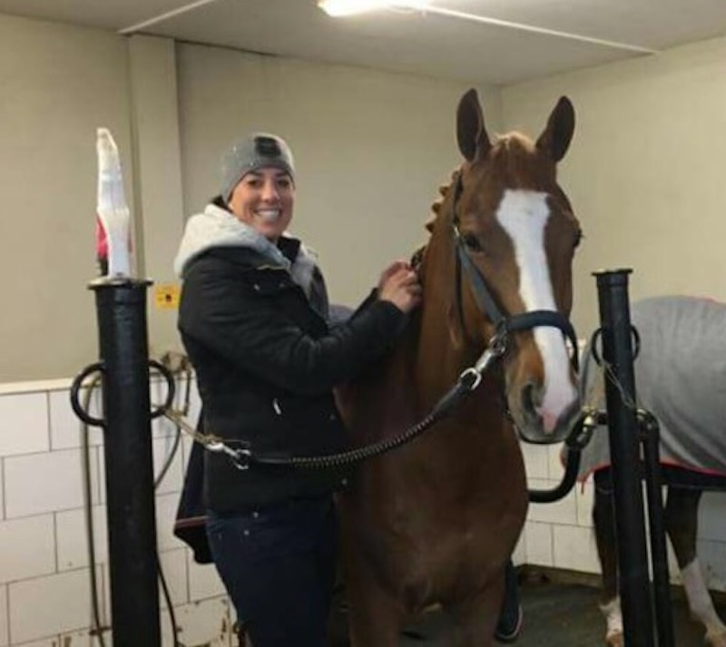 Charlotte Dujardin braiding Pumpkin for her first show with her. Photo courtesy of Amelie Kovac